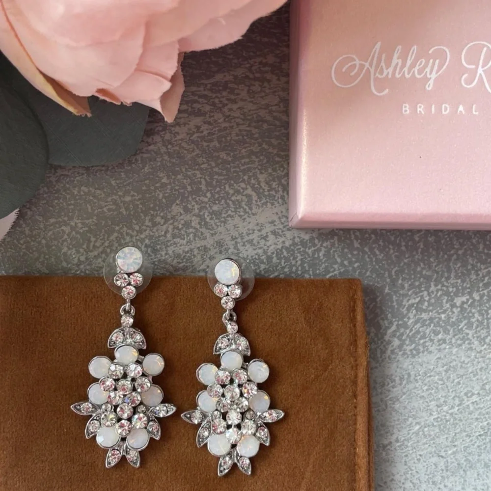 Belle Aire Earrings, Opal Crystal Rhinestone, Silver Tone, New, Wedding, Bridal